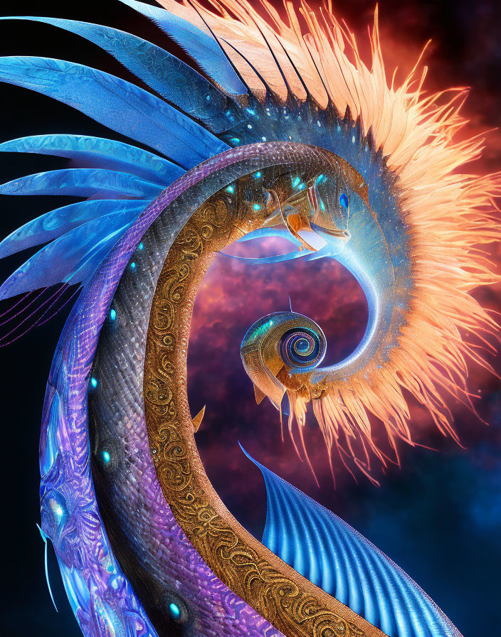 Mythical dragon with iridescent scales and fiery backdrop