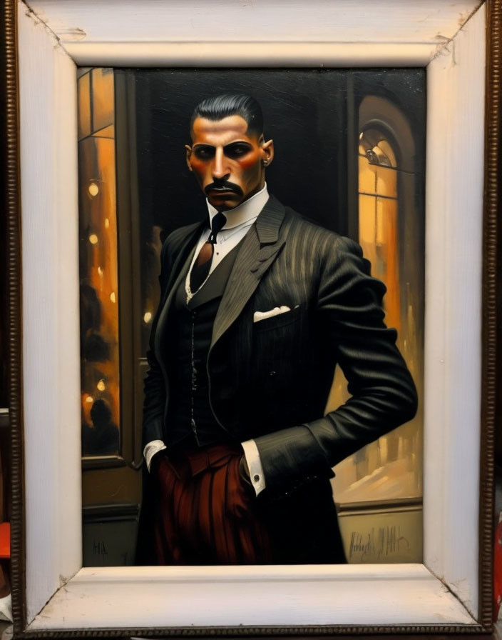 Stylized oil painting of confident gentleman in three-piece suit