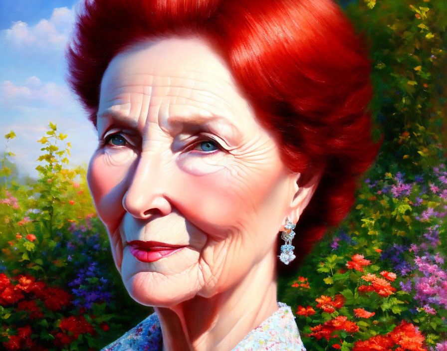 Elderly Woman Portrait with Red Hair and Floral Blouse