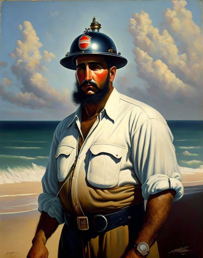 Bearded man in white shirt and miner's helmet on beach with blue skies