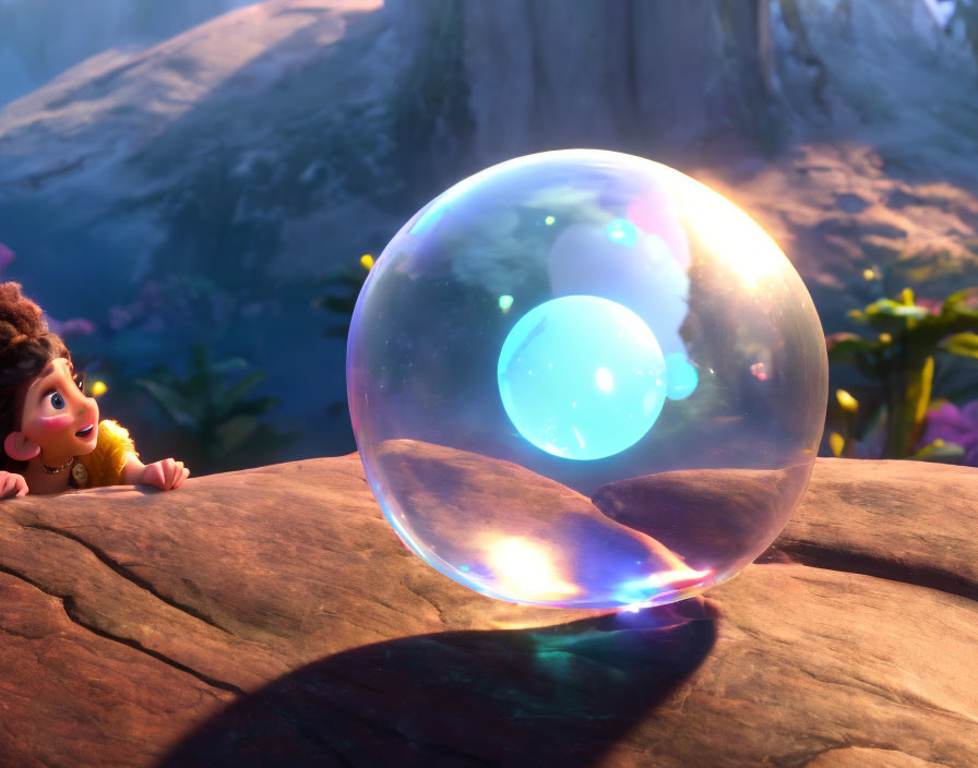 Animated character admires iridescent bubble in twilight landscape