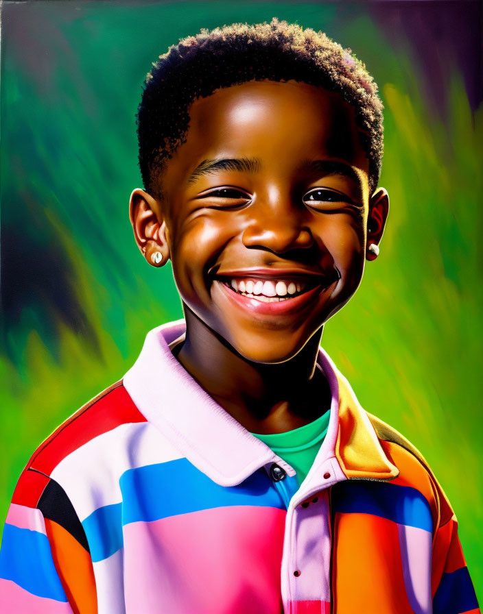 Colorful portrait of a smiling boy with diamond earrings against green backdrop