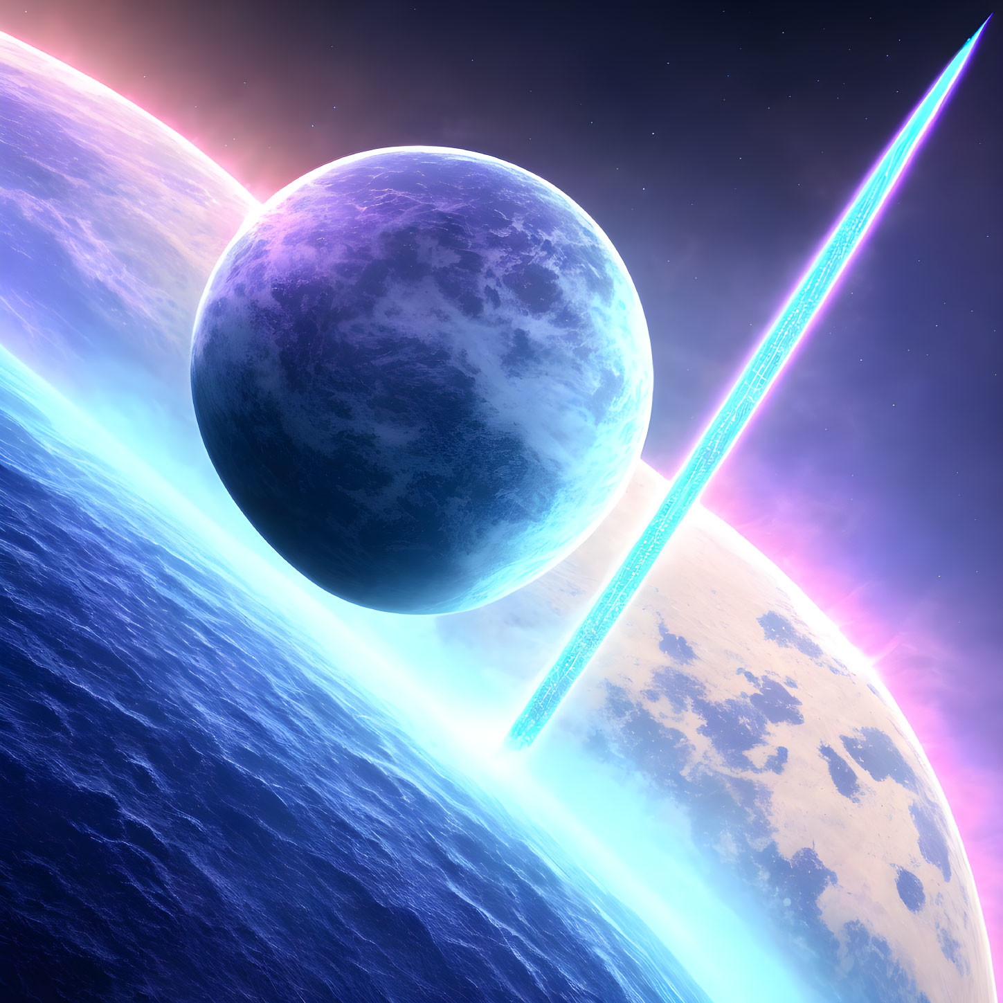 Sci-fi scene: Two celestial bodies, neon beam, starry backdrop