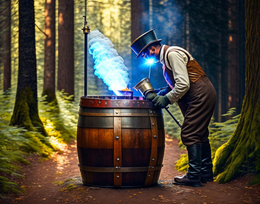 Steampunk character with top hat and goggles near glowing barrel in forest