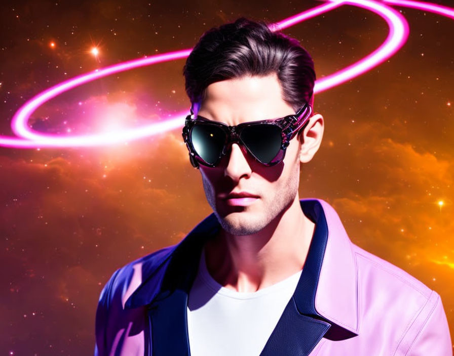 Fashionable man in sunglasses and purple jacket on vibrant cosmic background.