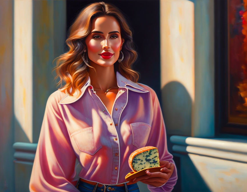 Stylized portrait of a woman with watermelon slice, pink shirt, and jeans