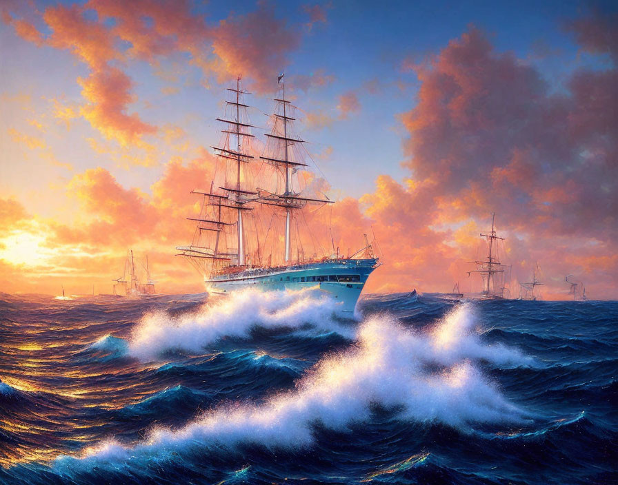 Tall ship sailing in tumultuous sea under vibrant sunset.
