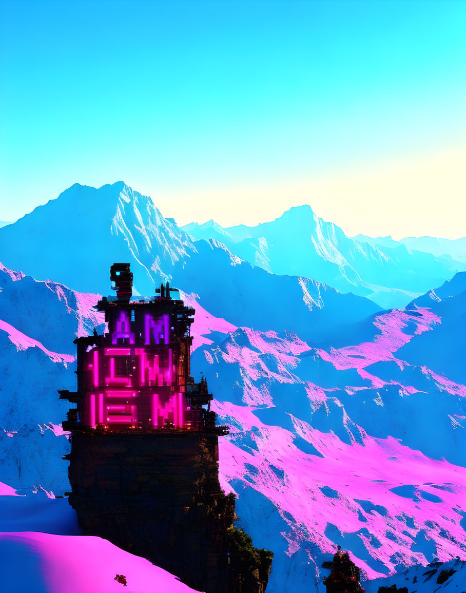 Neon-lit cyberpunk structure on cliff with pink snowy mountains