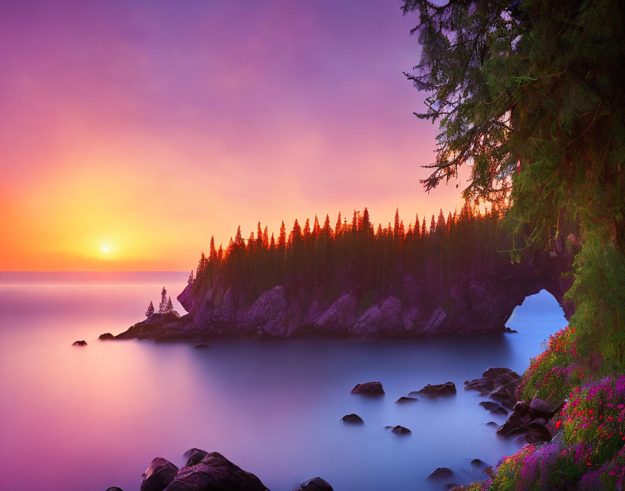 Tranquil sunrise over serene lake with purple sky and pine-clad outcrop