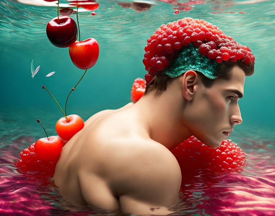 Person with caviar hair in water with floating cherries