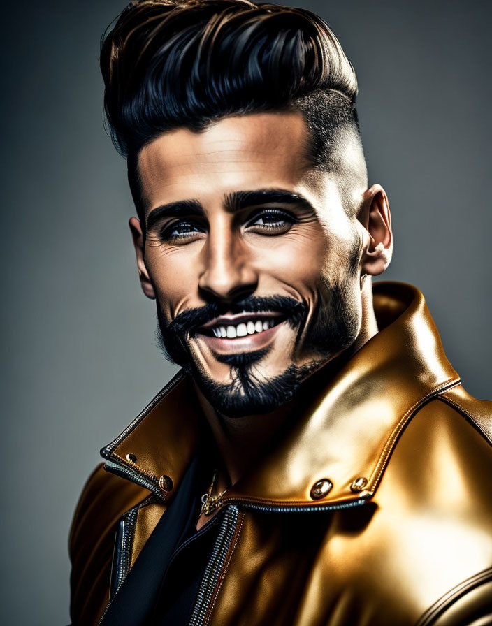 Stylish man with pompadour haircut in golden leather jacket