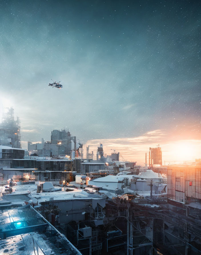 Futuristic cityscape with flying craft at dusk