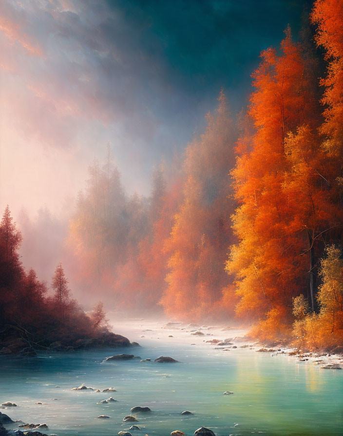 Tranquil river in misty autumn forest with vibrant foliage