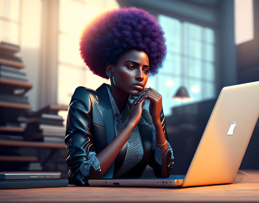 Purple Afro-Haired Woman Working on Laptop in Dimly Lit Room