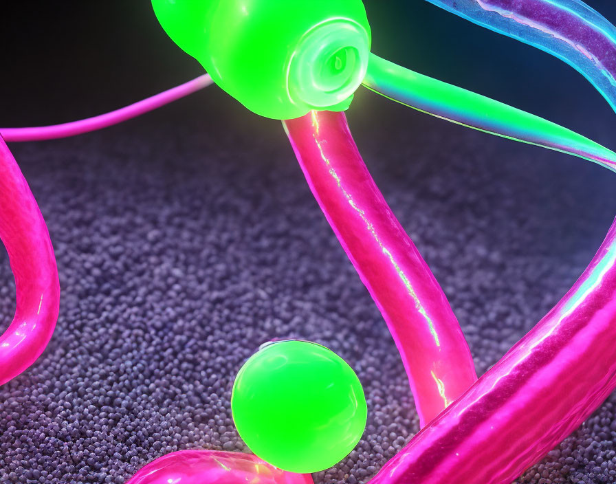 Colorful 3D illustration: Neon tubes, orbs, granular surface, surreal sci-fi concept