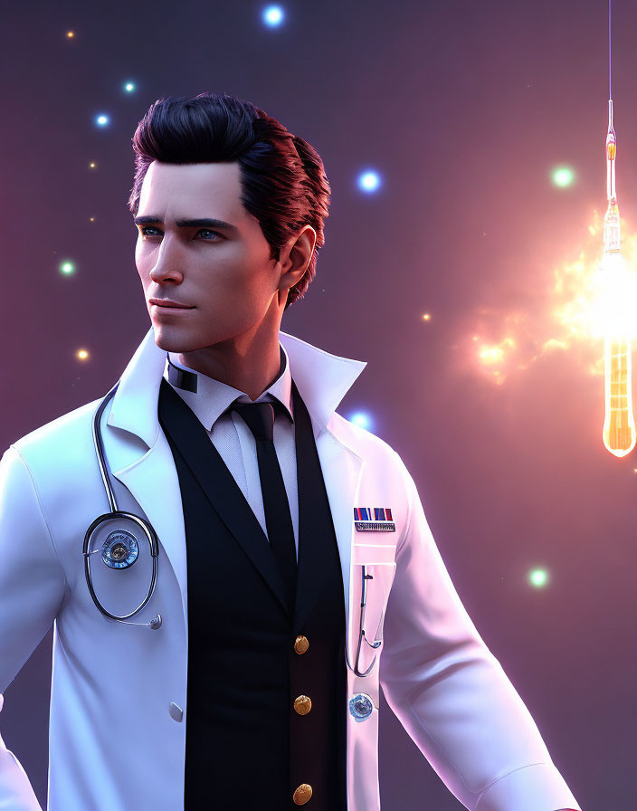 Professional man in white coat with stethoscope in cosmic setting