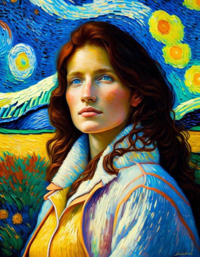 Red-haired woman in Van Gogh-style painting with blue eyes and swirling background