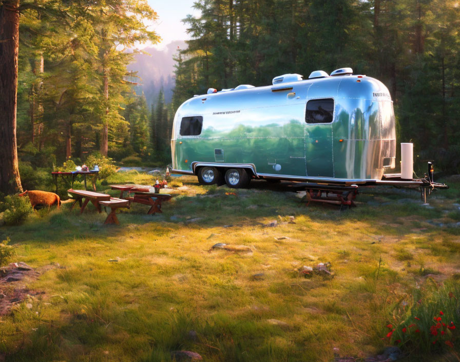 Shiny Airstream Trailer in Sunlit Forest Clearing