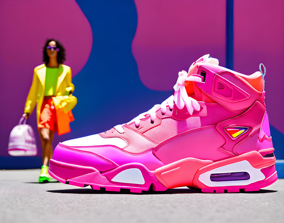 Vibrant pink sneaker against bright blue background with blurred figure.