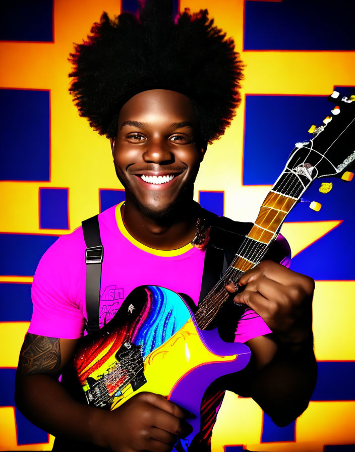 Joyful person with afro holding colorful electric guitar on vibrant backdrop