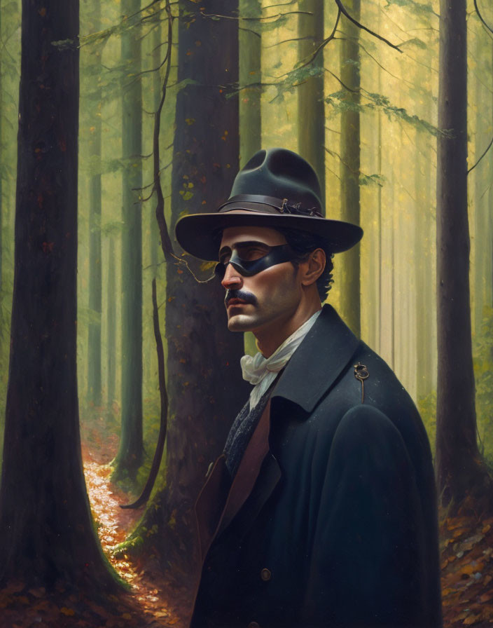Man with mustache in hat and glasses in misty forest with sunlight filtering through trees