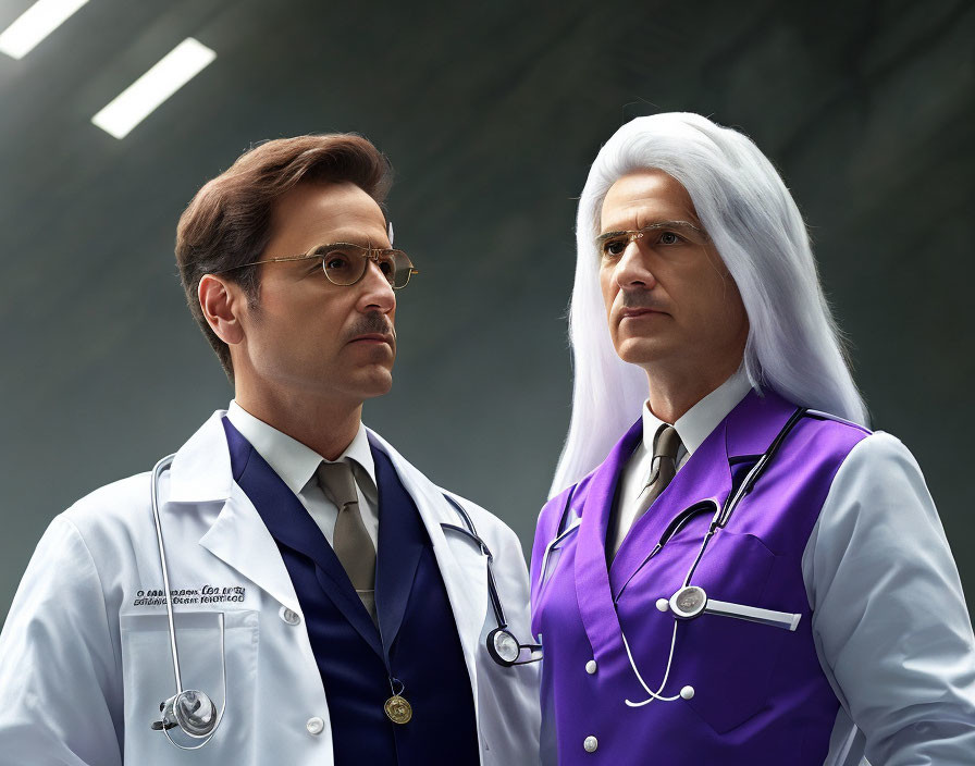 Two Male Doctors in Lab Coats and Stethoscopes Looking Right