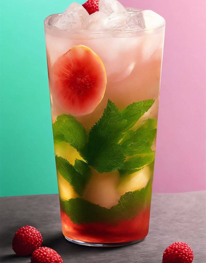 Icy Mint Cocktail with Fruit Slice and Berries on Two-Tone Background