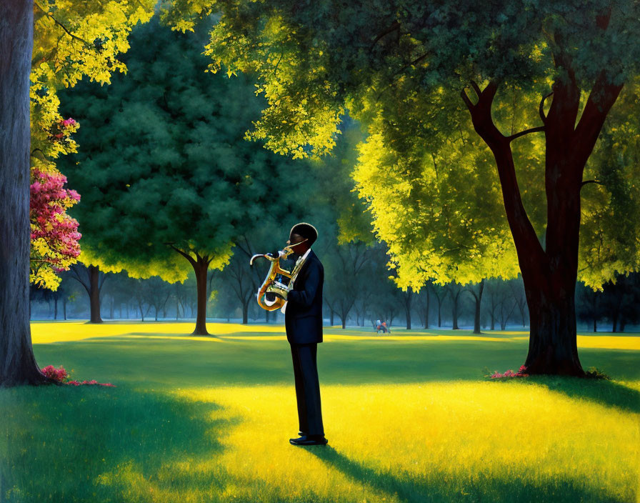 Silhouette of person playing saxophone in vibrant park with colorful trees.