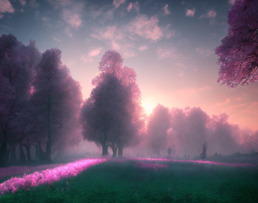 Purple-hued sunset landscape with towering trees and pink flowers.