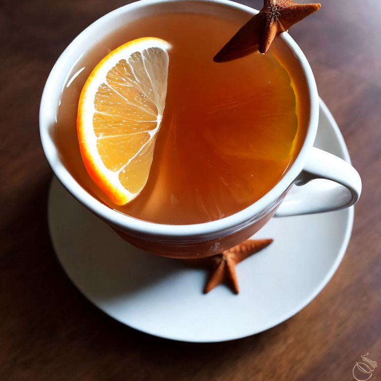Tea cup with lemon slice and star anise on wood surface