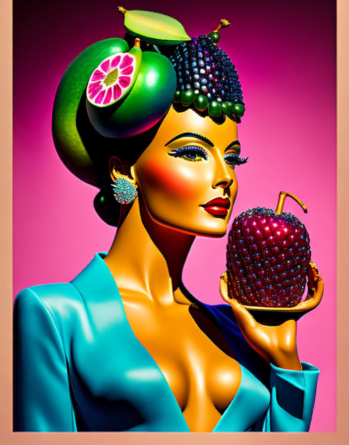 Vibrant digital artwork: stylized woman with fruit motifs and giant strawberry on pink background