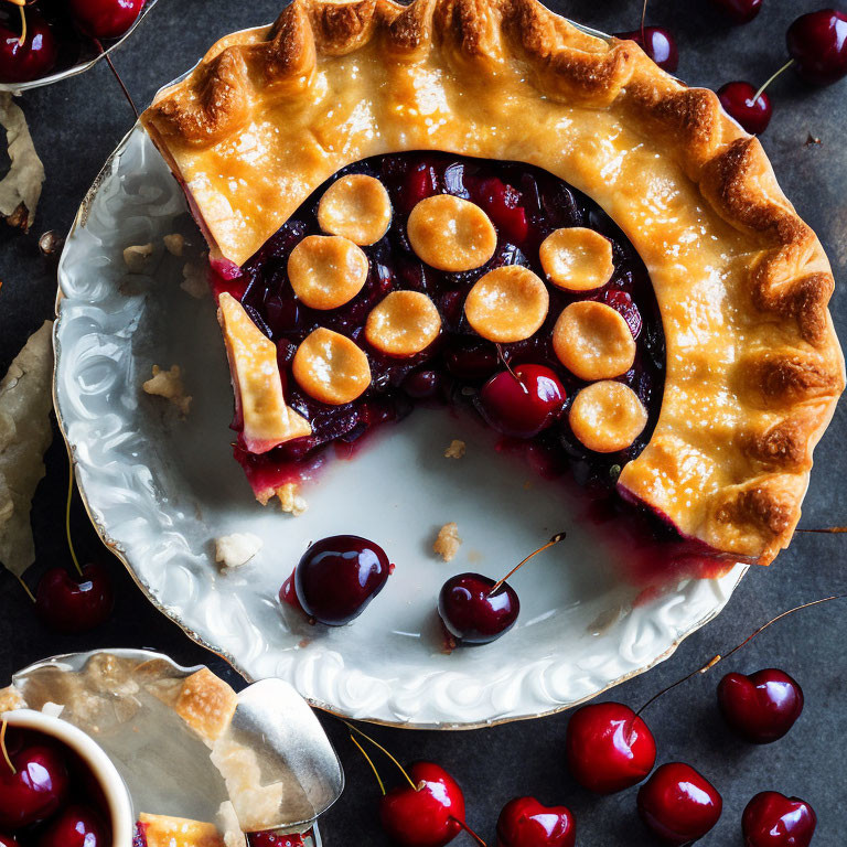 Golden-brown crust cherry pie with whole cherries on white plate