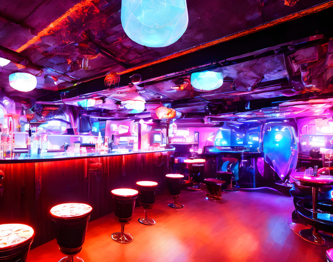 Neon-lit nightclub interior with bar stools and spherical decorations