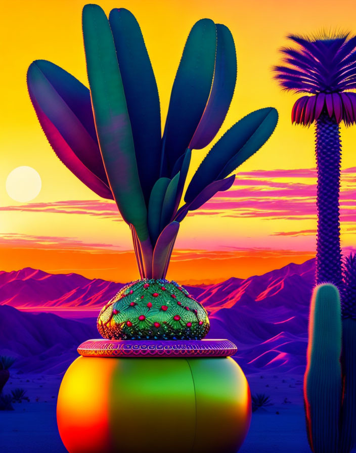 Colorful digital art of cactus and plants in surreal desert at sunset