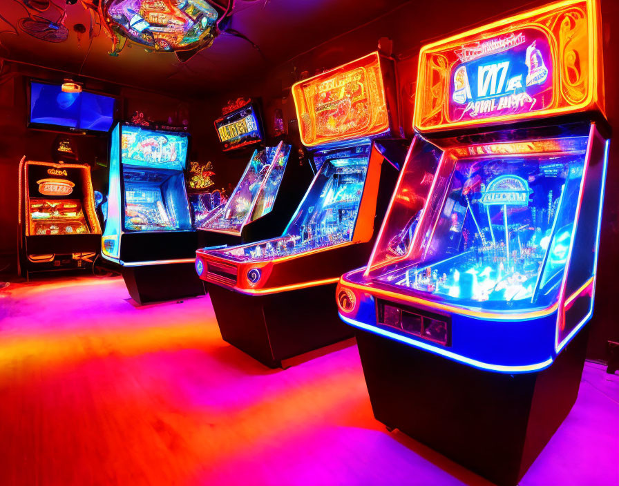 Neon-lit arcade room with colorful pinball machines