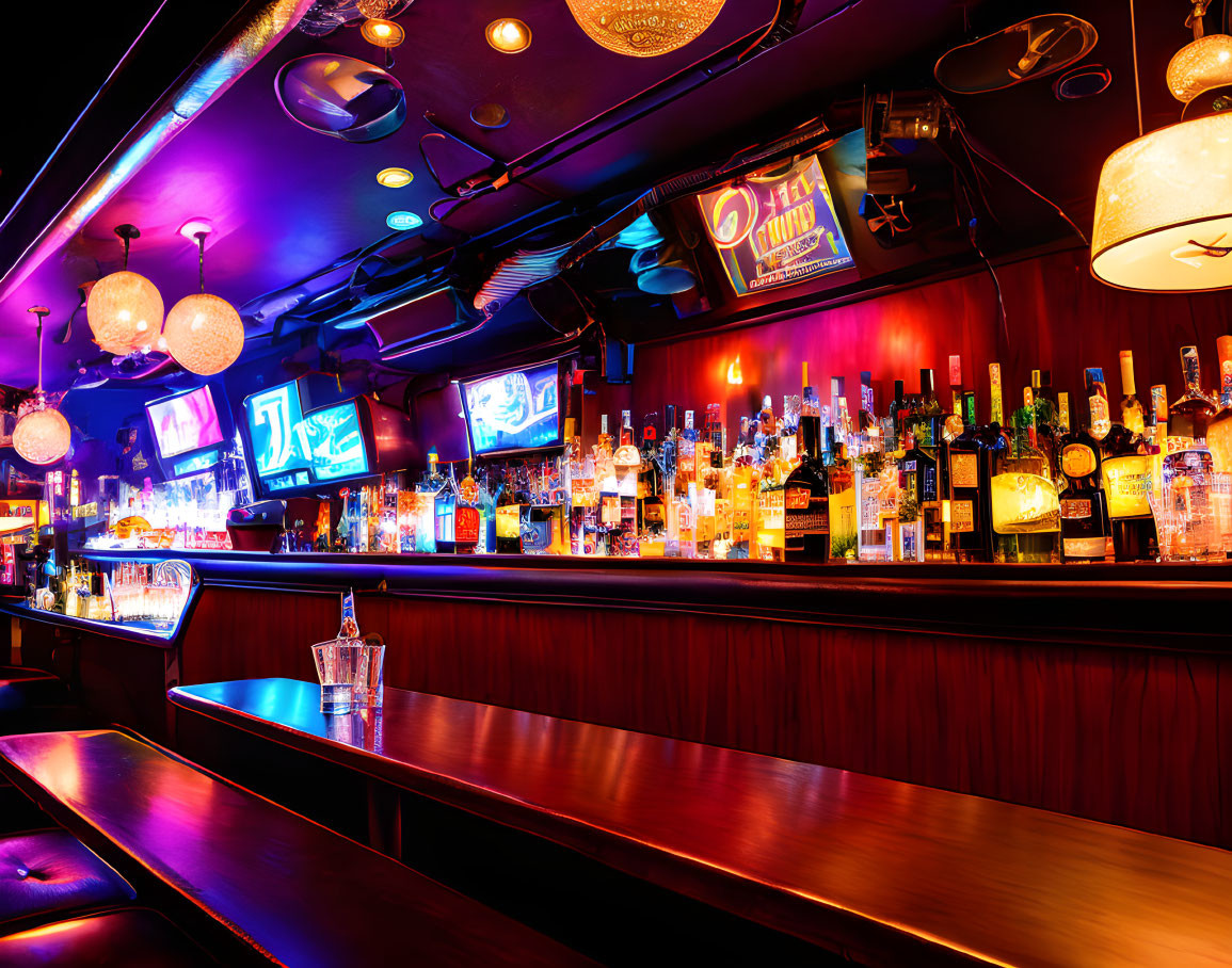 Colorful bar interior with neon lights, stocked shelves, glowing bar, and multiple TVs.