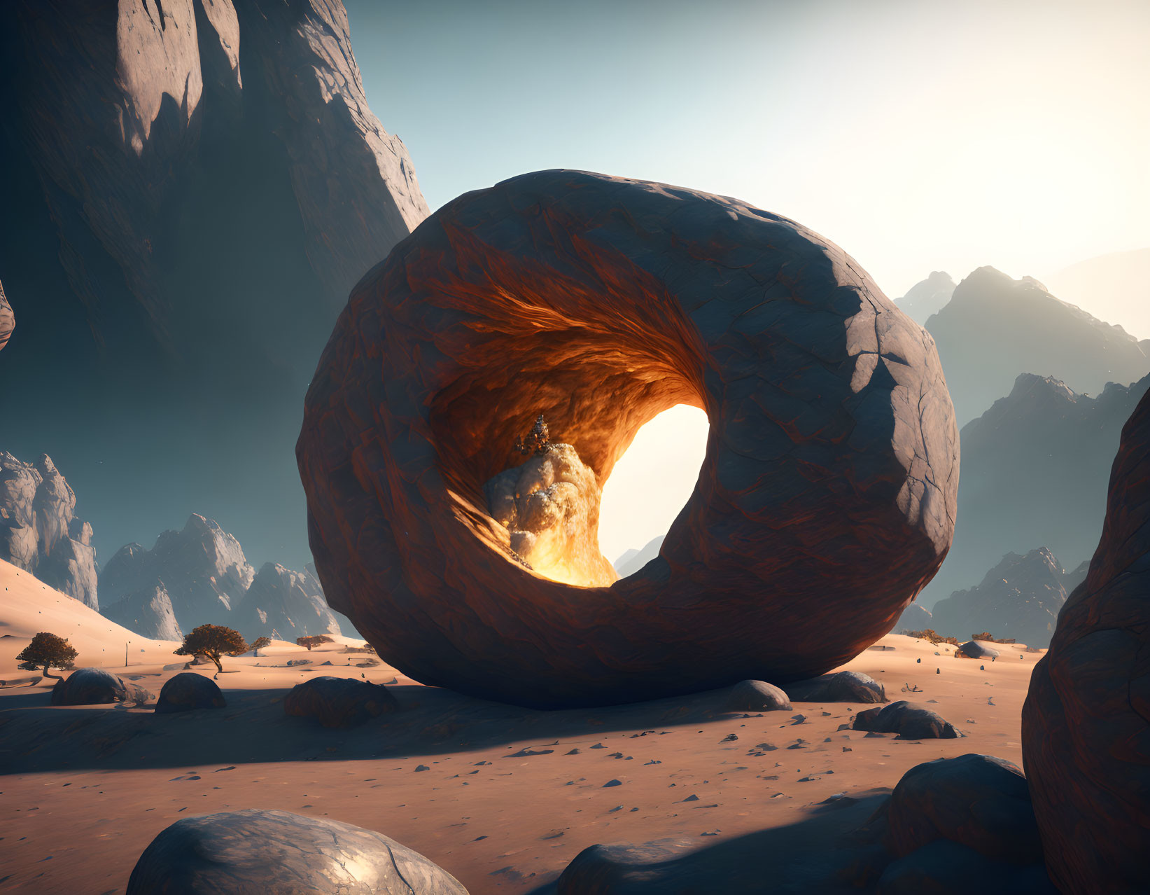 Surreal desert landscape with glowing torus rock formation