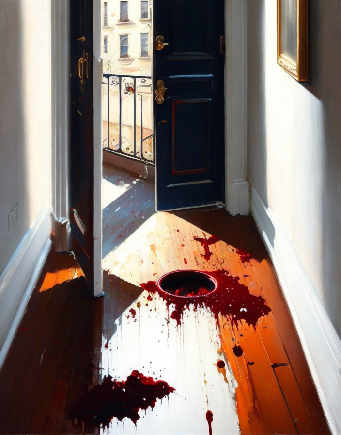 Bright apartment corridor with sunlight and red paint splash
