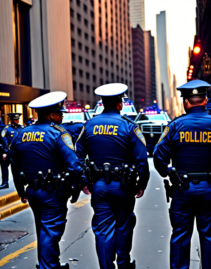City street scene: Three police officers in blue uniforms with patrol cars in background.