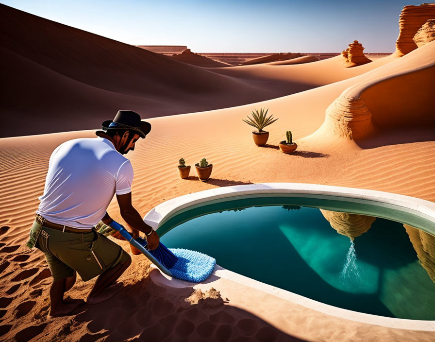 Man in hat cleaning pool in desert oasis under blue sky