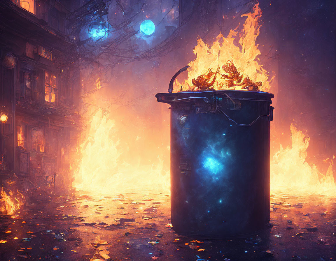 Intense blue glow trash can engulfed in flames on littered street at night