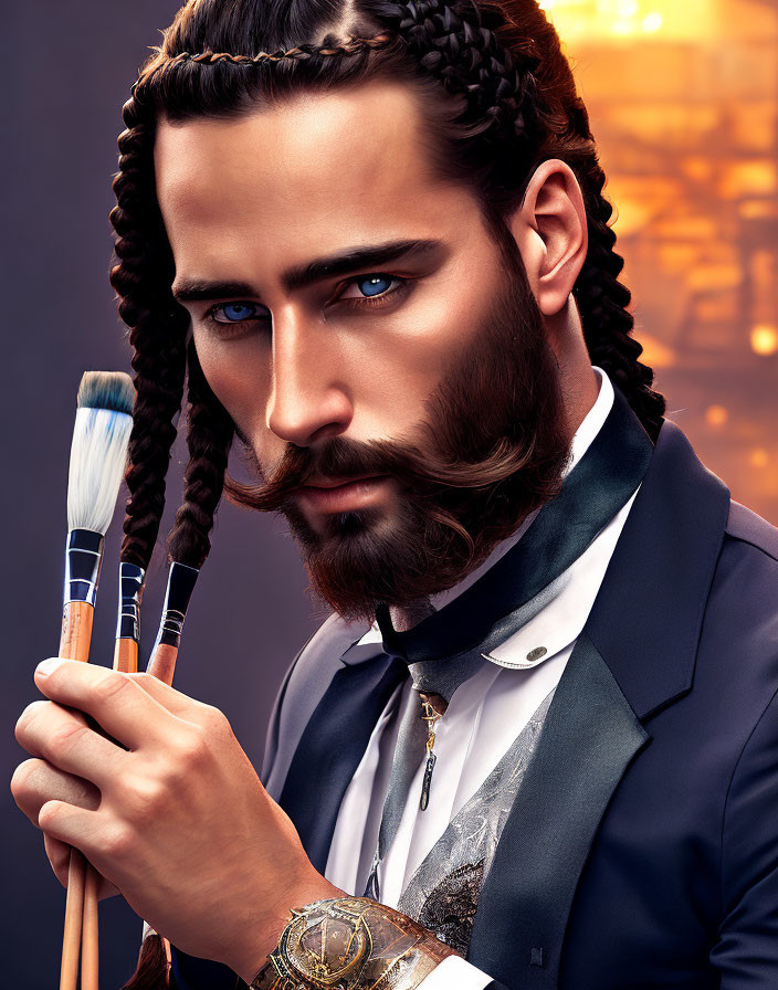 Bearded man with braided hair in suit and watch with paintbrushes on golden backdrop