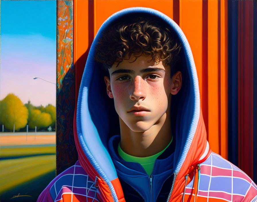 Curly-Haired Teen in Colorful Hoodie Standing in Doorway