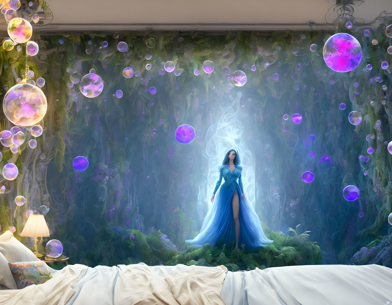 Blue-dressed figure in mystical indoor forest with purple orbs and bubbles