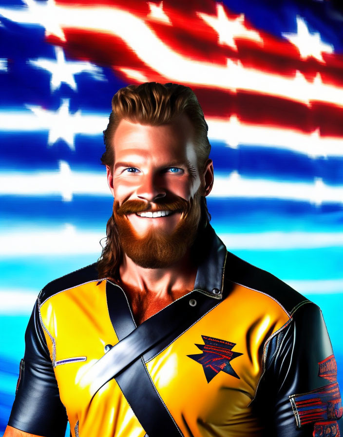 Smiling man with beard in yellow and black leather jacket with American flag