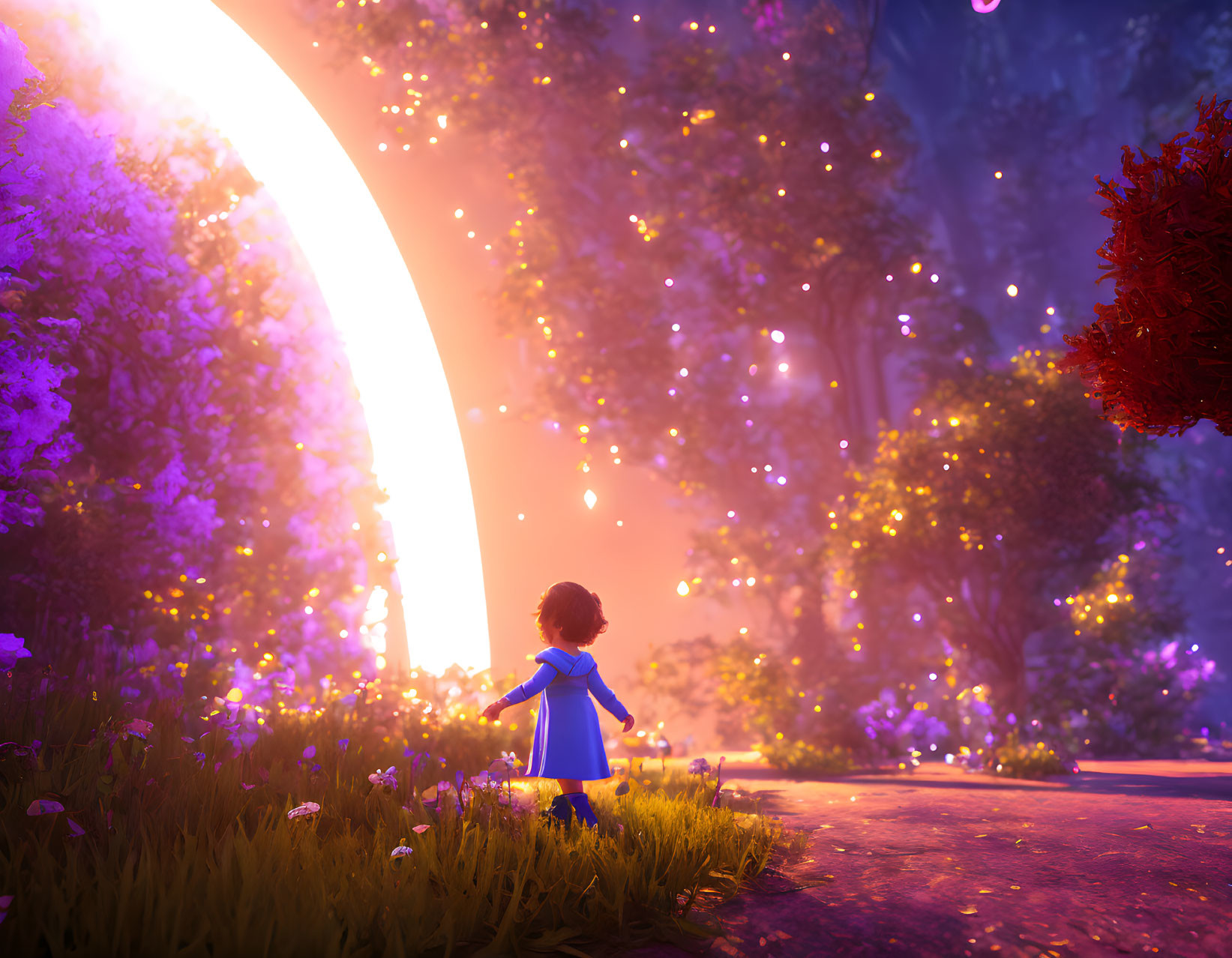 Child in Blue Outfit Observing Glowing Archway in Enchanting Forest