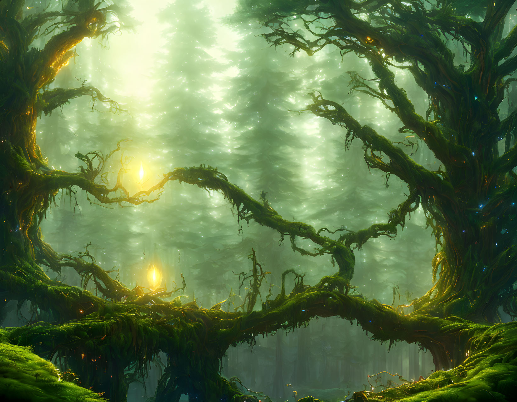 Sunlit enchanted forest with dense trees, twisted branches, and green moss.