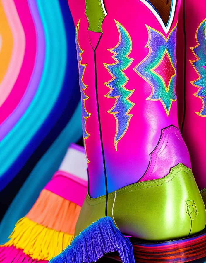 Colorful Flame Design Boots with Neon Green, Pink, and Blue Colors