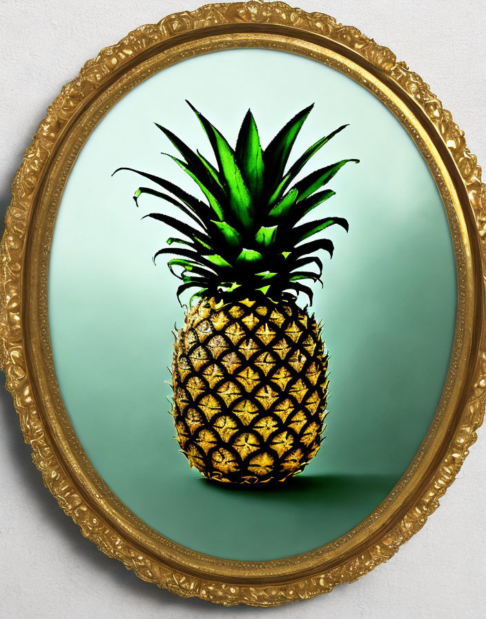 Ripe pineapple in golden frame on turquoise background