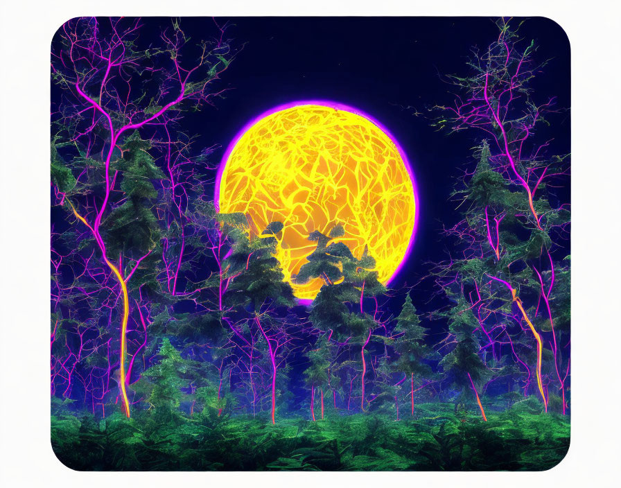 Neon-lit forest with purple and blue hues under a glowing yellow moon
